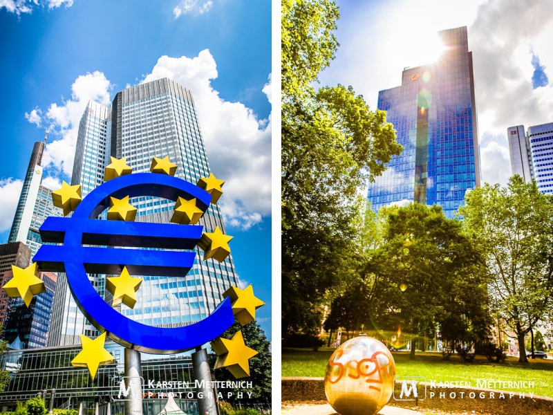 Euro-Zeichen vor der EZB in Frankfurt und Gallileo der Commerzbank mit LensFlare